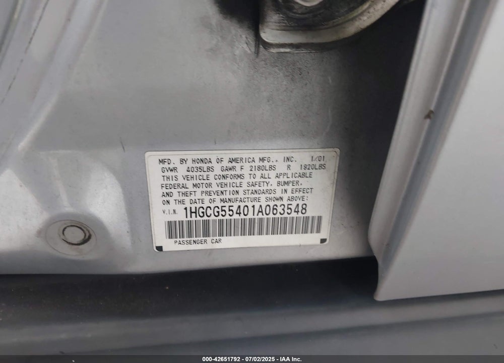 2001 HONDA ACCORD 2.3 LX VIN: 1HGCG55401A063548
