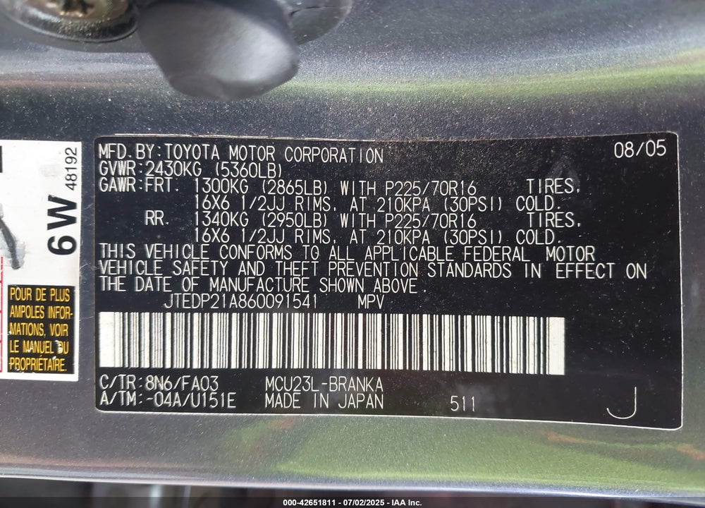 2006 TOYOTA HIGHLANDER VIN: JTEDP21A860091541