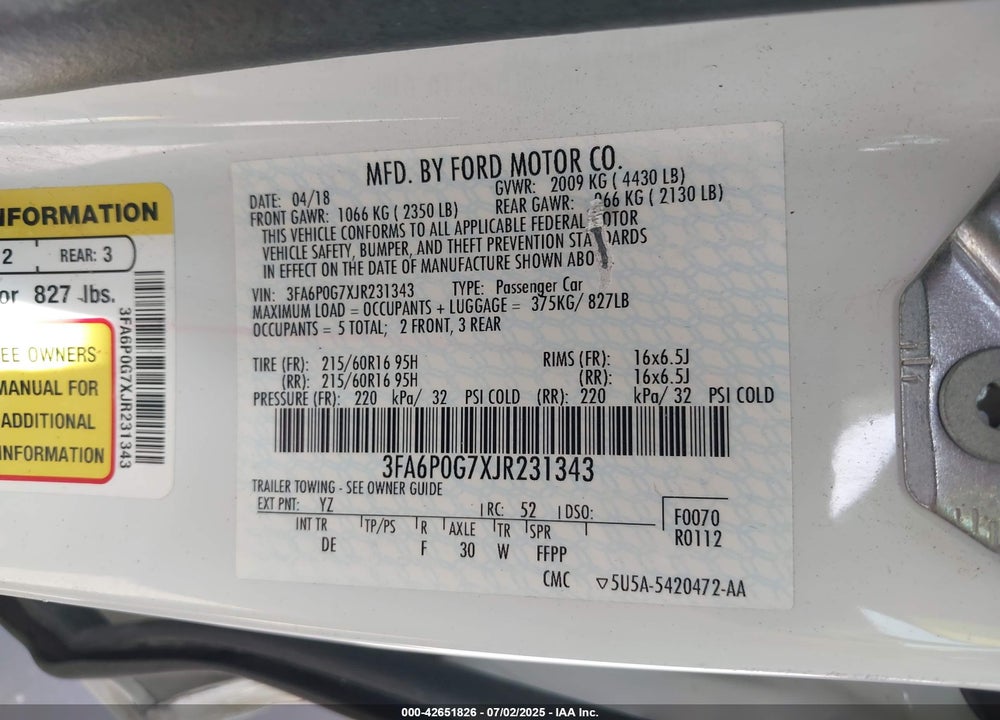 2018 FORD FUSION VIN: 3FA6P0G7XJR231343