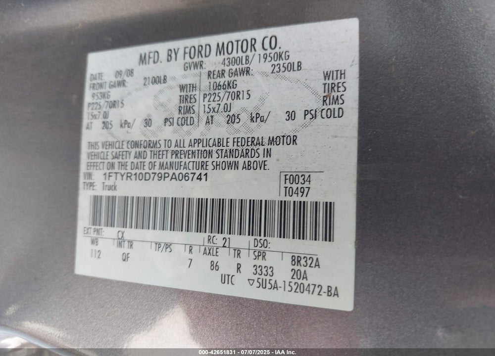 2009 FORD RANGER VIN: 1FTYR10D79PA06741