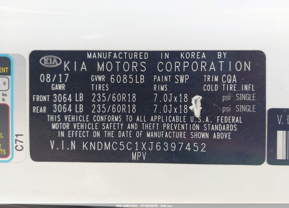 2018 KIA SEDONA EX VIN: KNDMC5C1XJ6397452