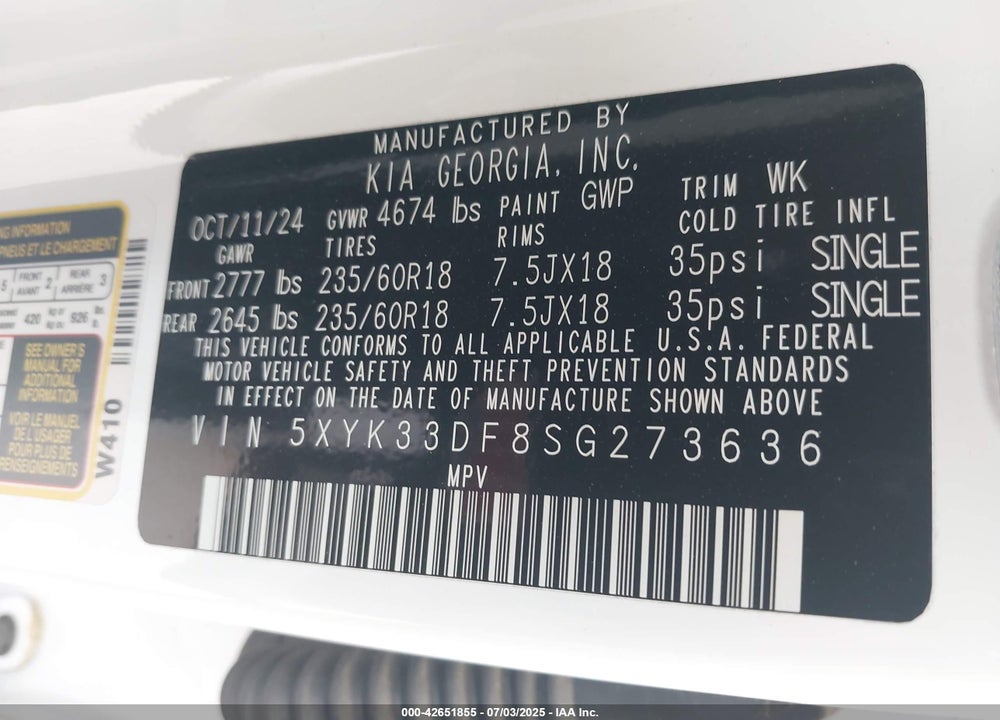 2025 KIA SPORTAGE VIN: 5XYK33DF8SG273636