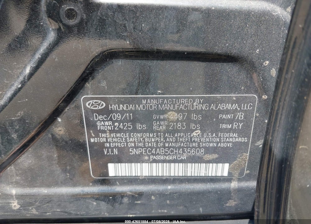 2012 HYUNDAI SONATA VIN: 5NPEC4AB5CH435608