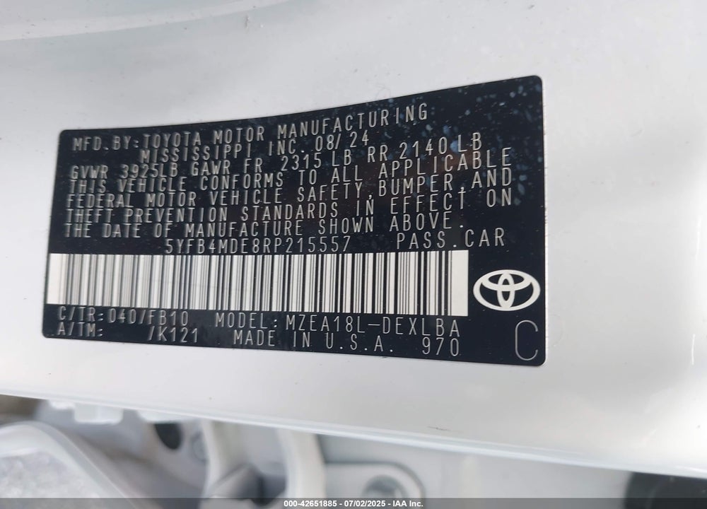 2024 TOYOTA COROLLA VIN: 5YFB4MDE8RP215557