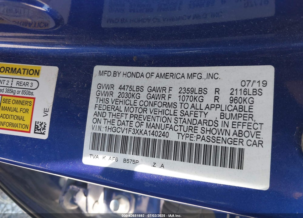 2019 HONDA ACCORD VIN: 1HGCV1F3XKA140240