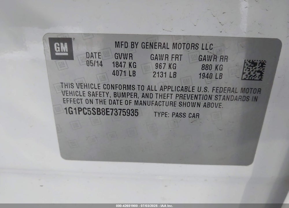 2014 CHEVROLET CRUZE VIN: 1G1PC5SB8E7375935