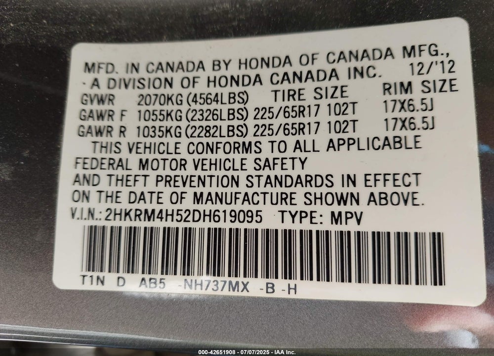2013 HONDA CR-V EX VIN: 2HKRM4H52DH619095
