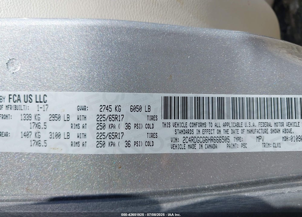 2017 DODGE GRAND CARAVAN SXT VIN: 2C4RDGCG6HR666505