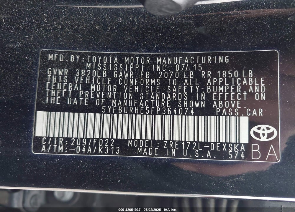 2015 TOYOTA COROLLA VIN: 5YFBURHE5FP364074