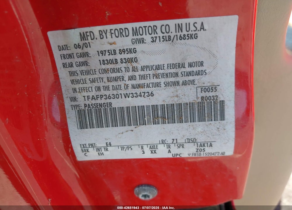 2001 FORD FOCUS SE VIN: 1FAFP36301W334736