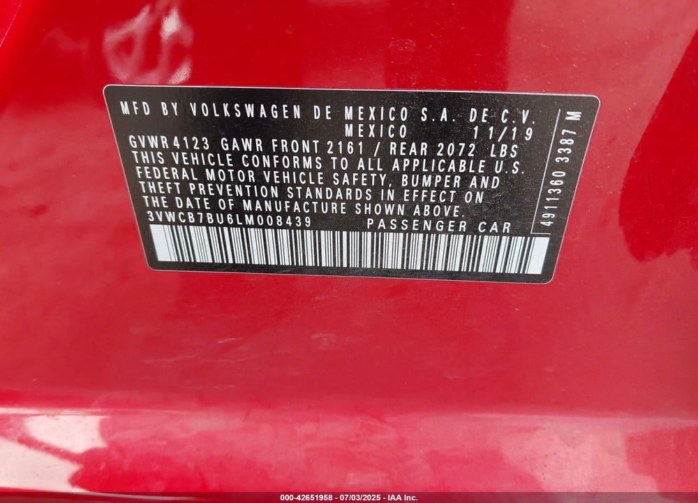 2020 VOLKSWAGEN JETTA VIN: 3VWCB7BU6LM008439