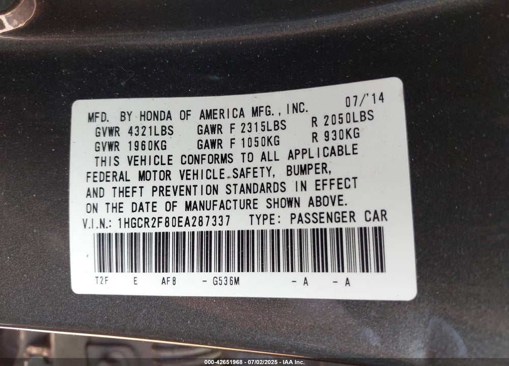2014 HONDA ACCORD VIN: 1HGCR2F80EA287337