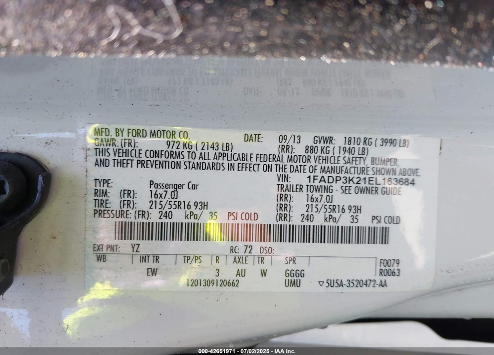 2014 FORD FOCUS SE VIN: 1FADP3K21EL163684