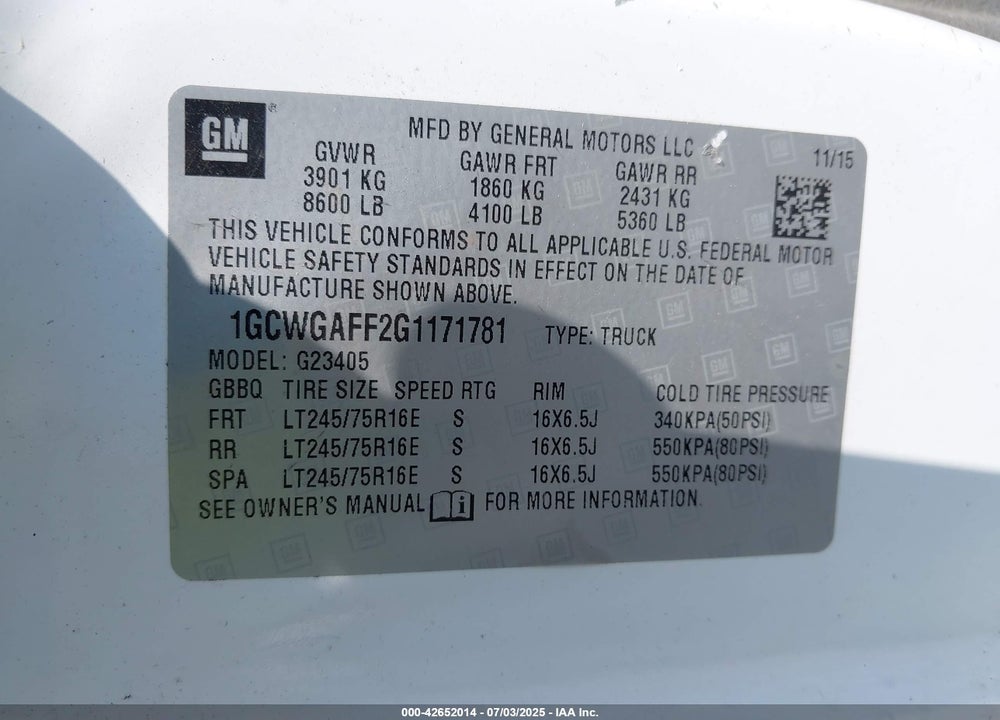2016 CHEVROLET EXPRESS 2500 WORK VAN VIN: 1GCWGAFF2G1171781