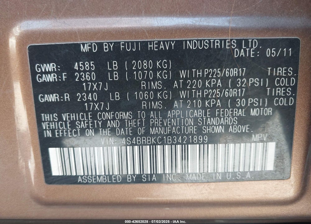 2011 SUBARU OUTBACK VIN: 4S4BRBKC1B3421899
