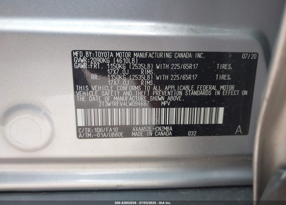 2020 TOYOTA RAV4 XLE VIN: 2T3W1RFV4LW094687