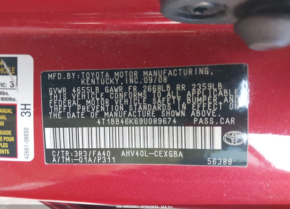 2009 TOYOTA CAMRY HYBRID VIN: 4T1BB46K69U089674