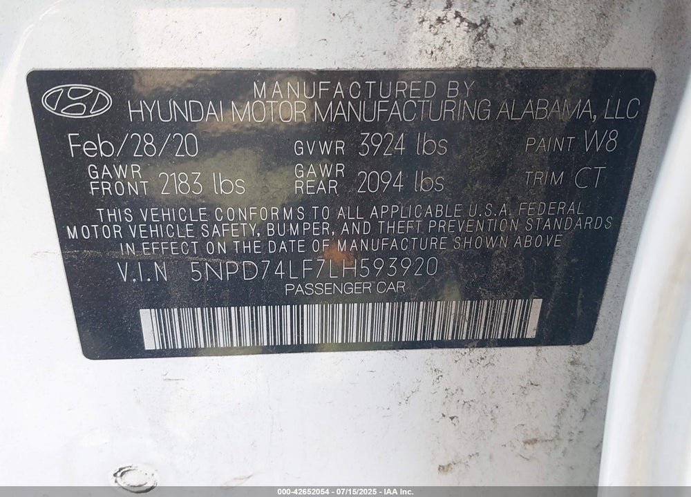 2020 HYUNDAI ELANTRA VIN: 5NPD74LF7LH593920