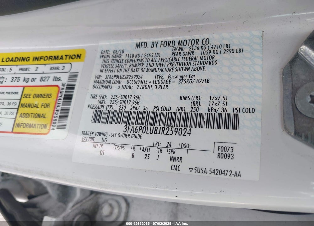 2018 FORD FUSION HYBRID VIN: 3FA6P0LU8JR259024