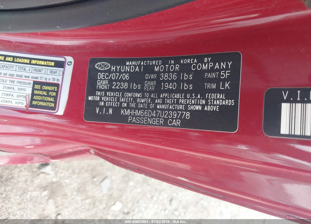 2007 HYUNDAI TIBURON GS VIN: KMHHM66D47U239778