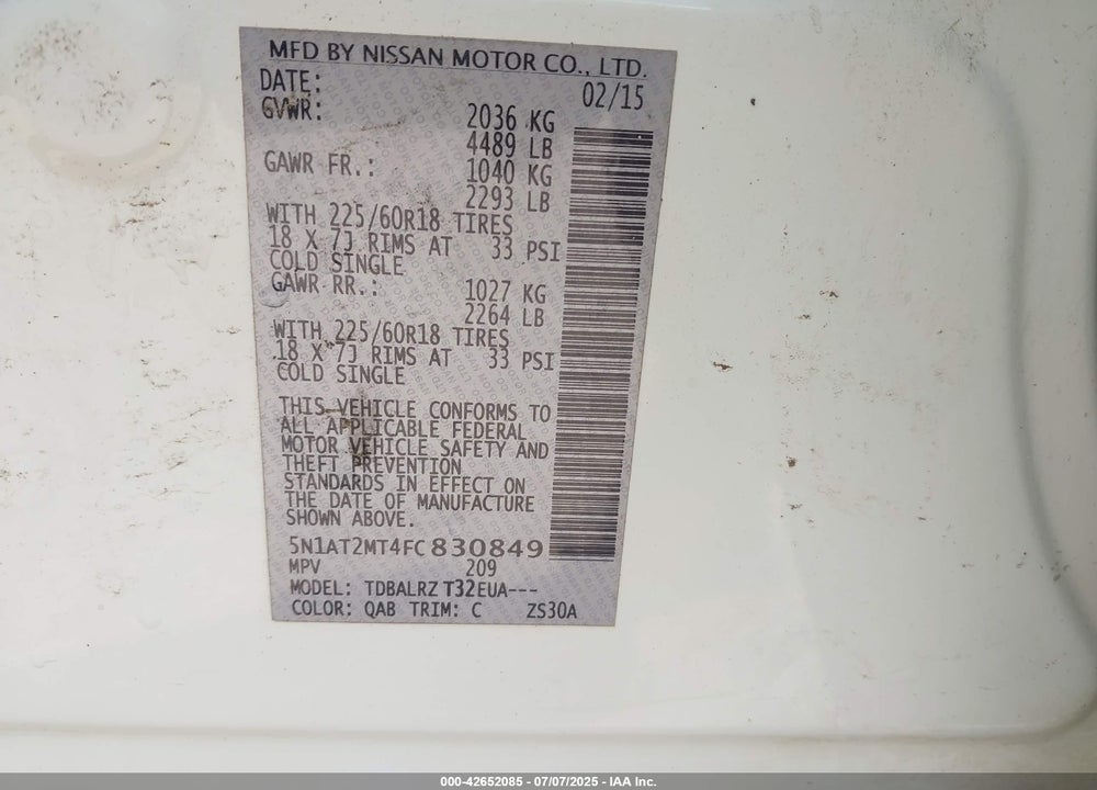 2015 NISSAN ROGUE VIN: 5N1AT2MT4FC830849