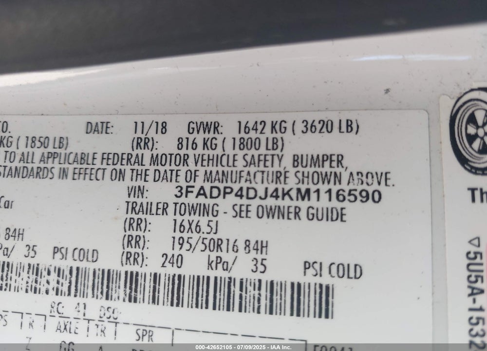 2019 FORD FIESTA VIN: 3FADP4DJ4KM116590