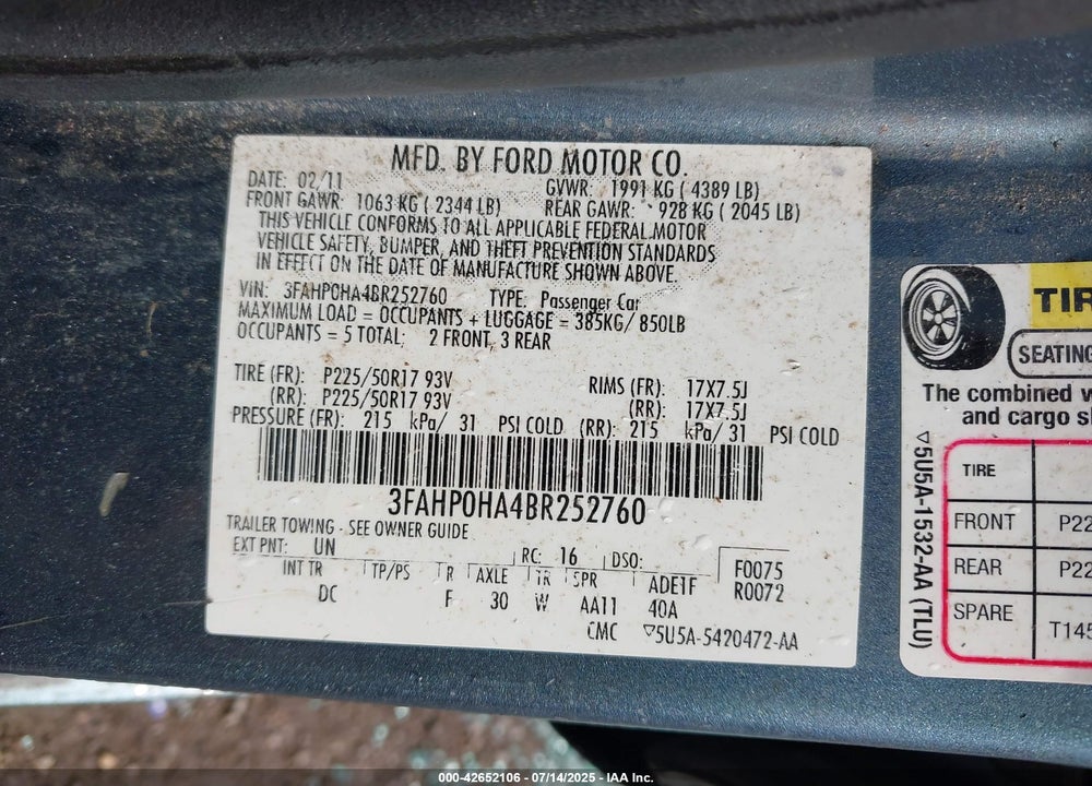 2011 FORD FUSION VIN: 3FAHP0HA4BR252760