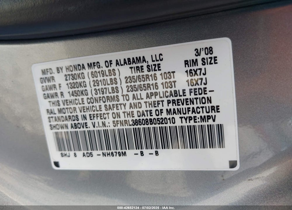 2008 HONDA ODYSSEY VIN: 5FNRL38608B052010