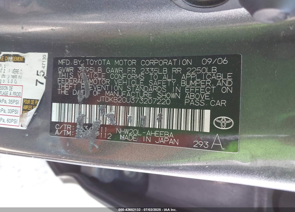 2007 TOYOTA PRIUS VIN: JTDKB20U373207220