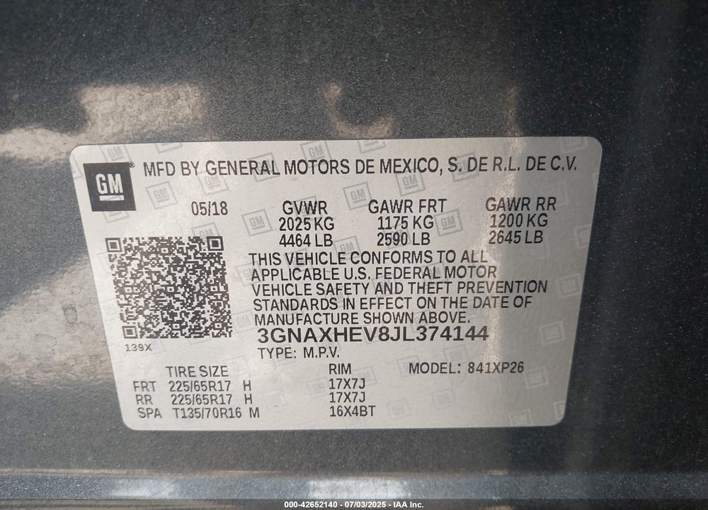 2018 CHEVROLET EQUINOX VIN: 3GNAXHEV8JL374144