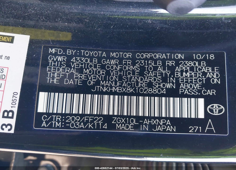2019 TOYOTA C-HR VIN: JTNKHMBX8K1028804