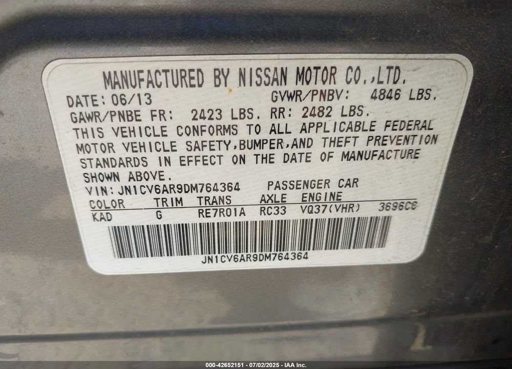 2013 INFINITI G37X VIN: JN1CV6AR9DM764364
