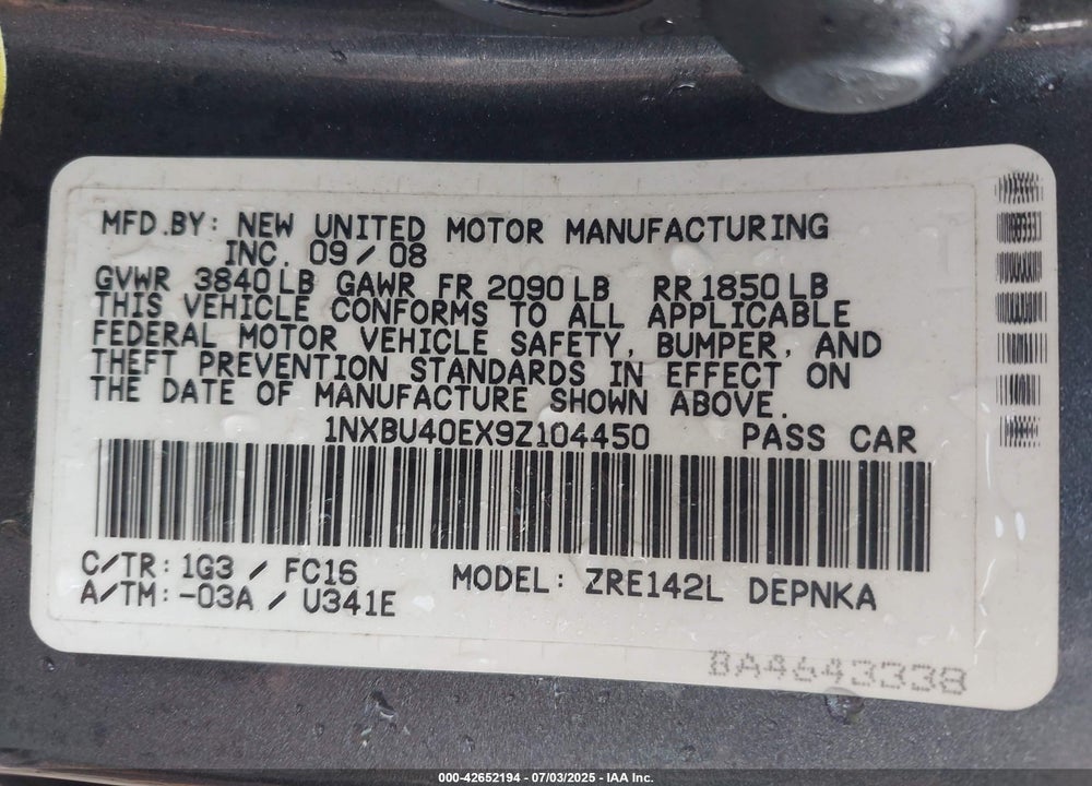 2009 TOYOTA COROLLA VIN: 1NXBU40EX9Z104450