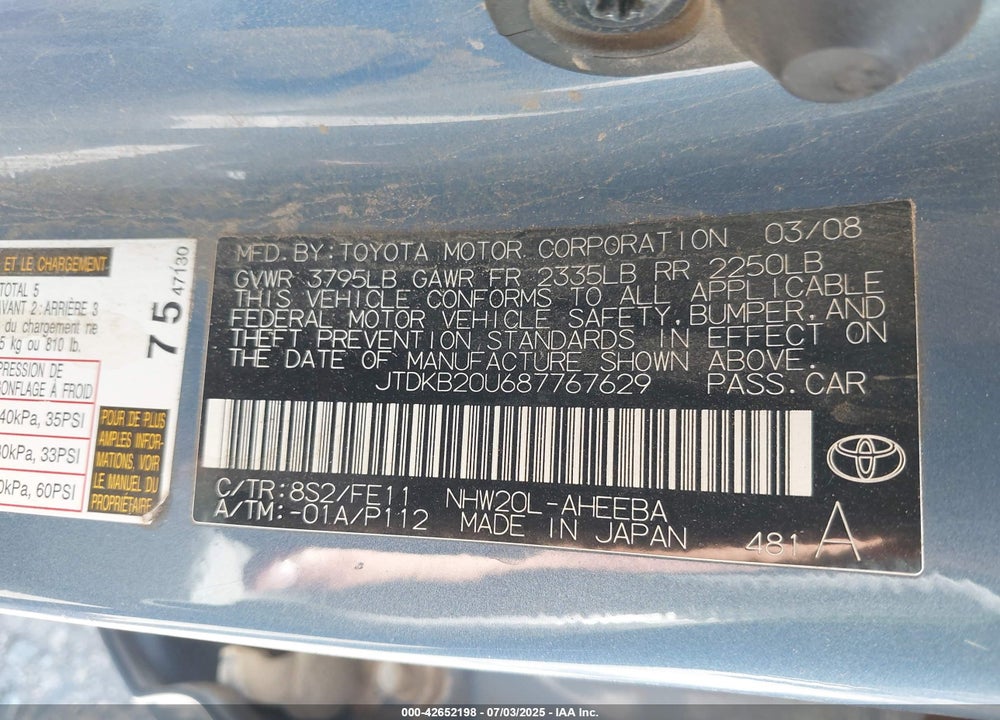 2008 TOYOTA PRIUS VIN: JTDKB20U687767629