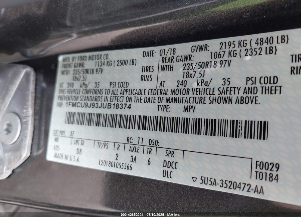 2018 FORD ESCAPE VIN: 1FMCU9J93JUB18374