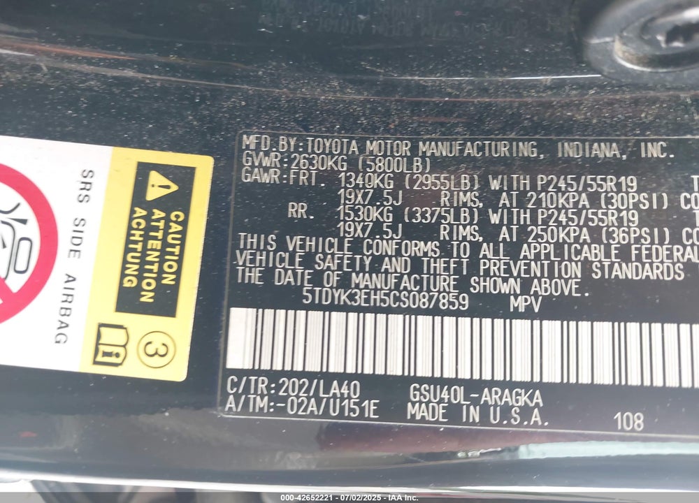 2012 TOYOTA HIGHLANDER VIN: 5TDYK3EH5CS087859