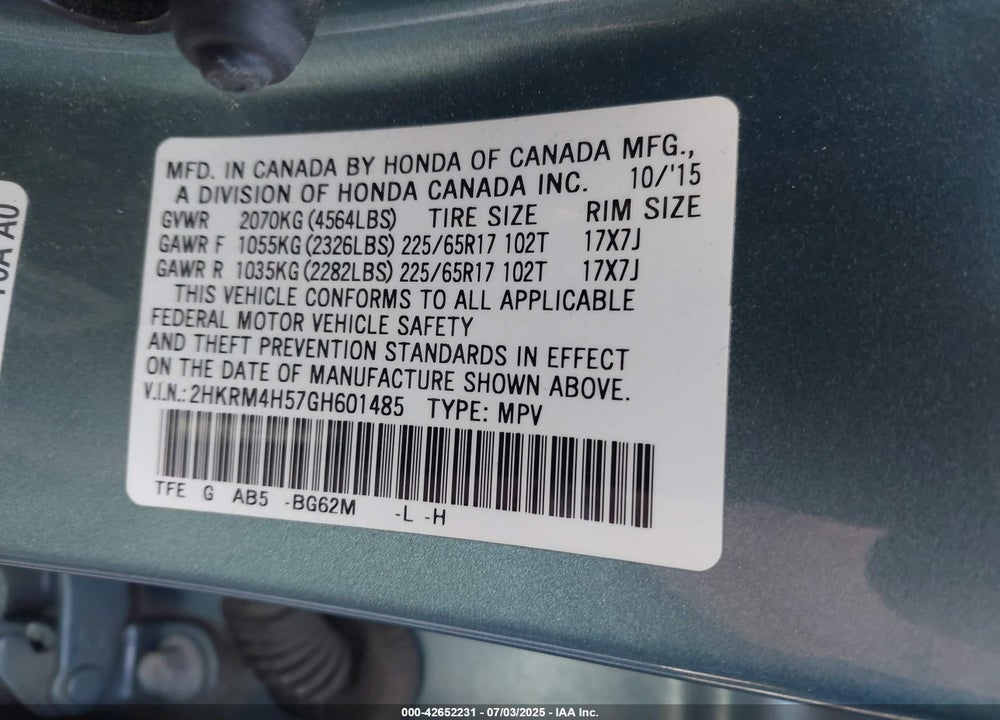 2016 HONDA CR-V VIN: 2HKRM4H57GH601485