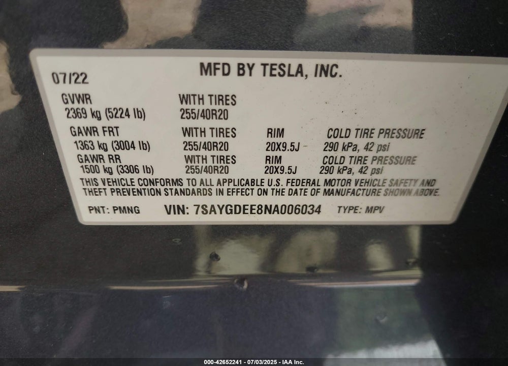 2022 TESLA MODEL Y LONG RANGE DUAL MOTOR ALL-WHEEL DRIVE VIN: 7SAYGDEE8NA006034