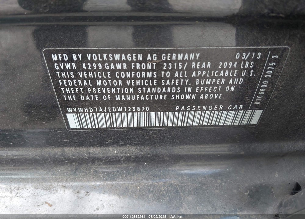 2013 VOLKSWAGEN GTI VIN: WVWHD7AJ2DW129870