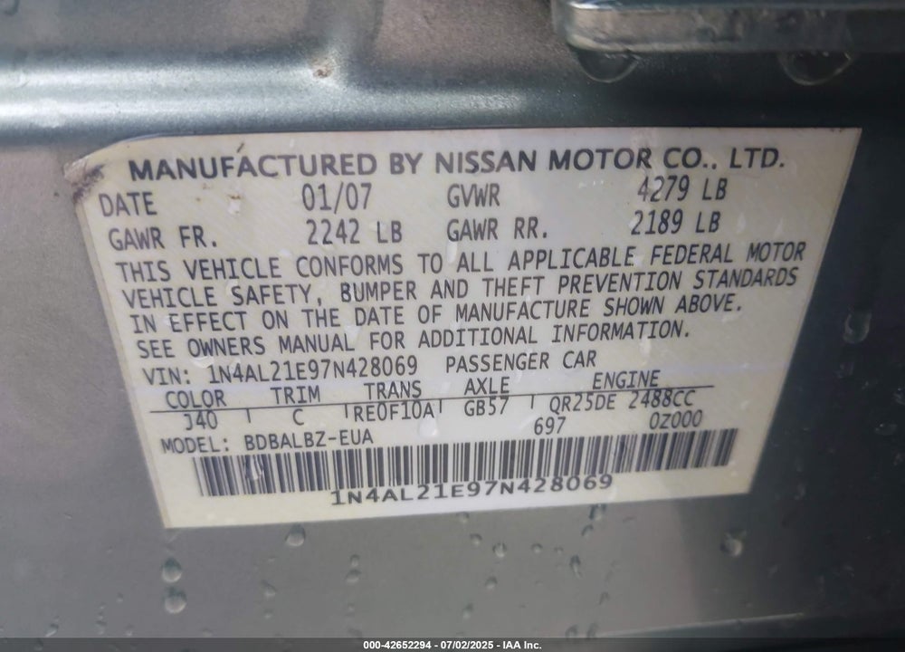 2007 NISSAN ALTIMA VIN: 1N4AL21E97N428069
