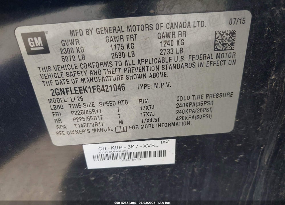2015 CHEVROLET EQUINOX VIN: 2GNFLEEK1F6421046