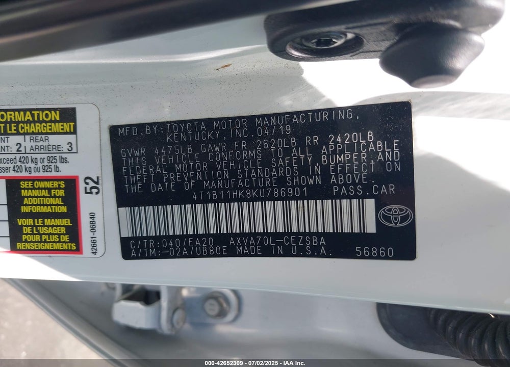 2019 TOYOTA CAMRY VIN: 4T1B11HK8KU786901