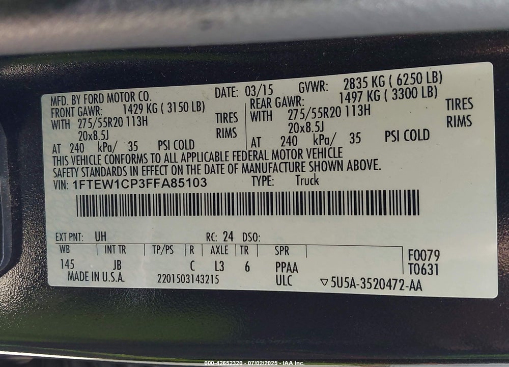 2015 FORD F-150 VIN: 1FTEW1CP3FFA85103