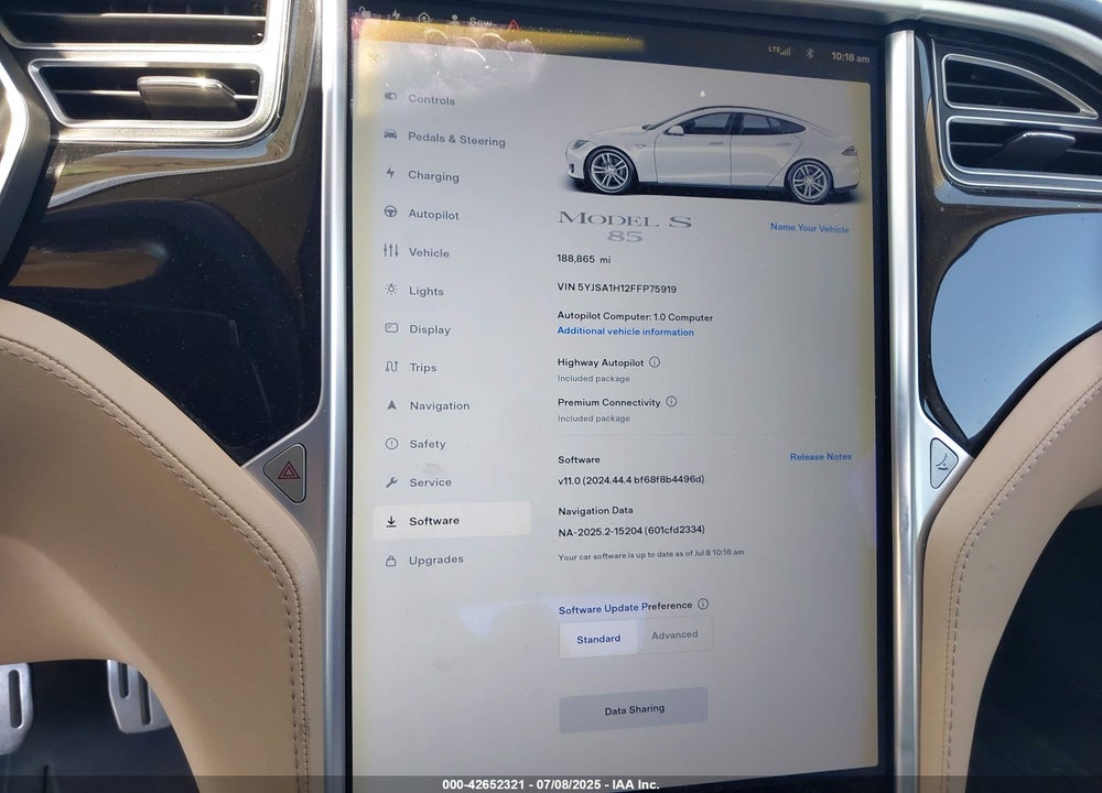 2015 TESLA MODEL S VIN: 5YJSA1H12FFP75919