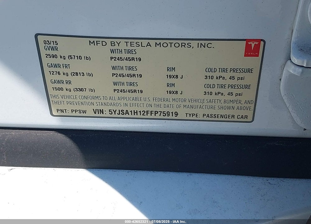 2015 TESLA MODEL S VIN: 5YJSA1H12FFP75919