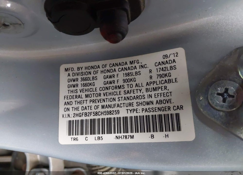 2012 HONDA CIVIC VIN: 2HGFB2F58CH598259