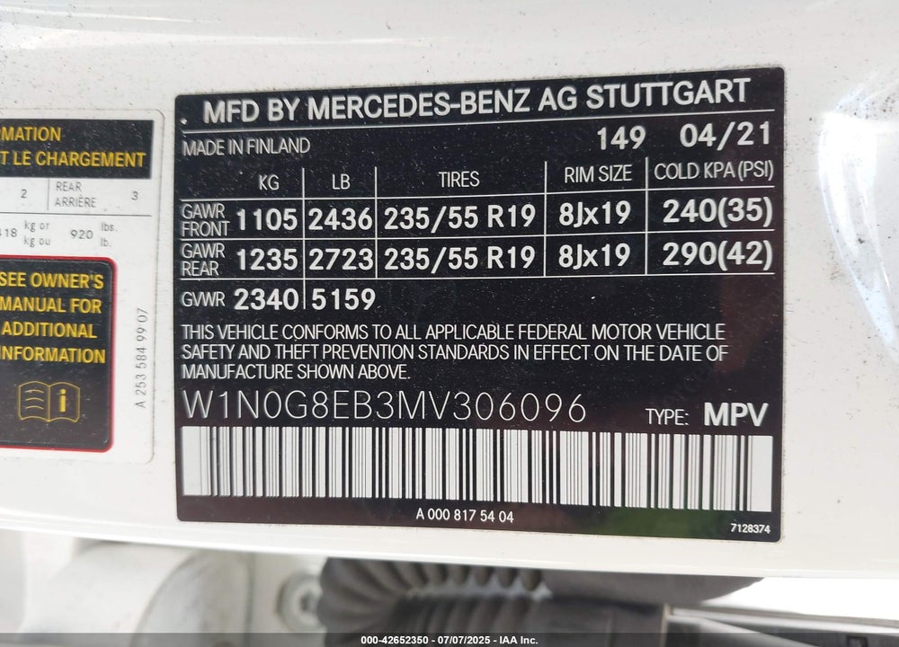 2021 MERCEDES-BENZ GLC CLASS VIN: W1N0G8EB3MV306096