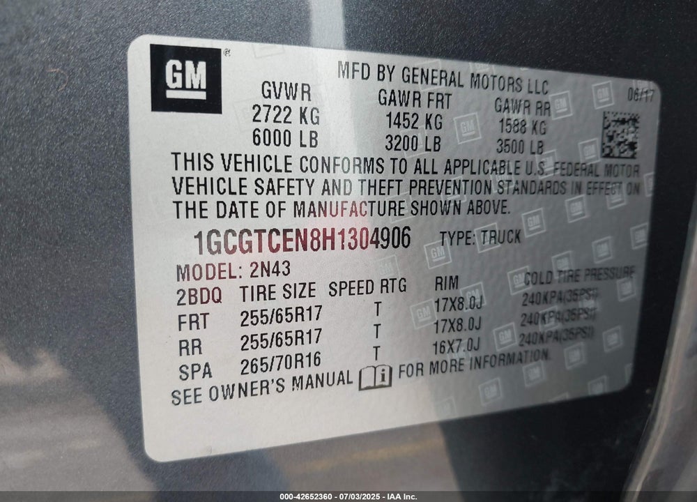 2017 CHEVROLET COLORADO VIN: 1GCGTCEN8H1304906
