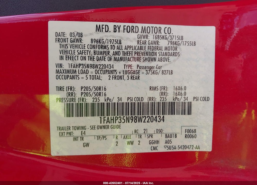 2008 FORD FOCUS SE/SES VIN: 1FAHP35N98W220434