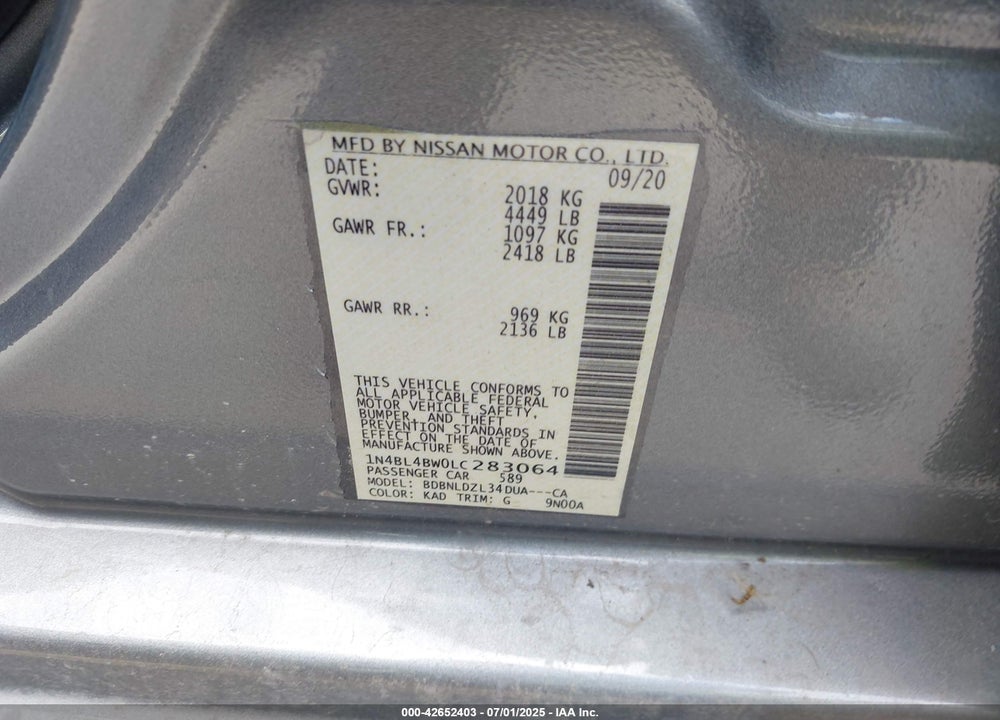 2020 NISSAN ALTIMA VIN: 1N4BL4BW0LC283064